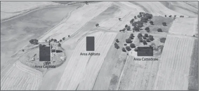 Figura 6. Foto aerea del pianoro di Montecorvino. I riquadri più scuri indicano le aeree di scavo