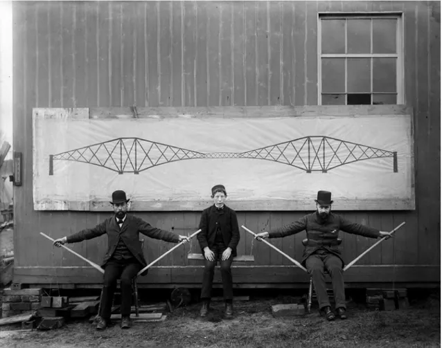 Fig. 2    Evelyn George Carey, Forth Bridge Human Cantilever “Youth on swing between two man”—1887c (National Archives 