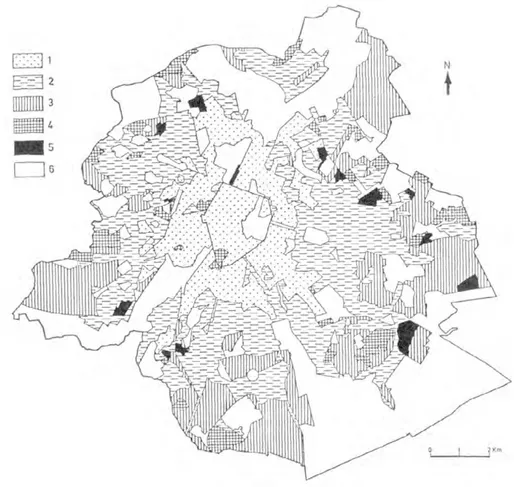 Fig. 3.1.1 - The map of Kesteloot and De Lannoy (1985), showing the structure of the housing  market in Brussels in 1981 (Kesteloot 1986)