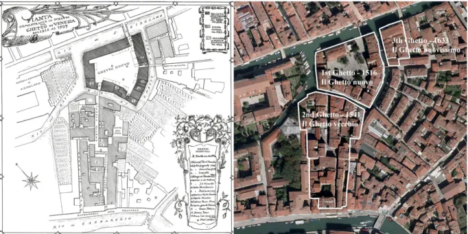 Fig. 2 (left). The Ghetto of Venice at the fall of the Republic by Guido Sullam, Pianta del Ghetto di Venezia alla caduta 