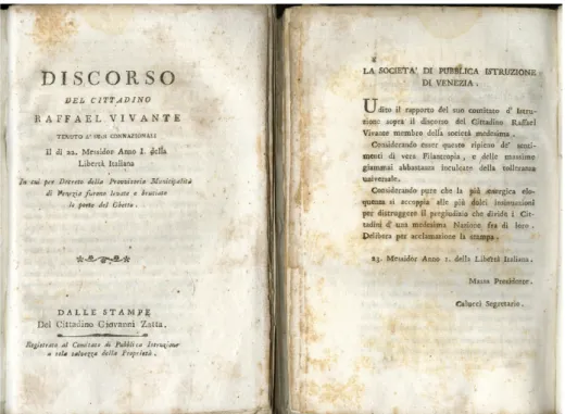 Fig. 4. Title page (left) and page 8 (right) of Discorso del cittadino Raffael Vivante tenuto a’ suoi connazionali