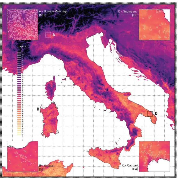 Figura 1  ​| ​Heat Italy​: mappa della temperatura al suolo, elaborata dagli autori. Si evidenziano le temperature elevate delle aree  urbanizzate rispetto a i territori limitrofi