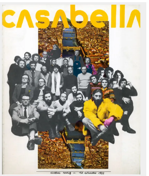 Fig. 1 – Copertina della rivista Casabella, 377, maggio 1973 con ritratti gli esponenti della Global Tools.
