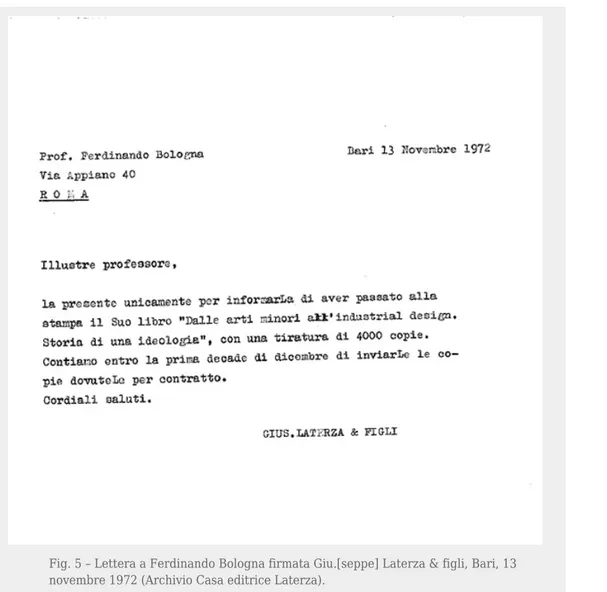 Fig. 5 – Lettera a Ferdinando Bologna firmata Giu.[seppe] Laterza &amp; figli, Bari, 13 novembre 1972 (Archivio Casa editrice Laterza).