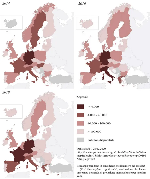 Figura 1.1 Cartina dell’Europa. Richieste di Asilo 2014, 2016 e 2018 per Paese. 