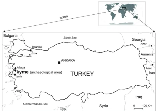 Figure 1. Location of the archaeological site of Kyme (after Miriello et al.. 2011a modified)