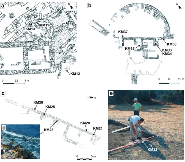 Figure 2. Sampling of the mortars with the location of the samples. a) Sketch map of the Agora with location  of the plaster samples in Church 1 and Church 2; b) Sketch map of the Theatre with location of joint mortar  and plaster samples; c) Sketch map of