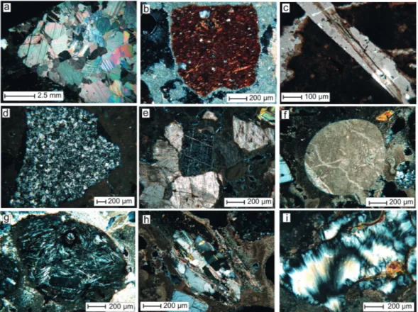 Figure 6. Microphotographs of  a) Marble fragment in the sample KM21; b) Ceramic fragment (cocciopesto) in  the sample KM13_I; c) Vegetable fiber in the sample KM11_II; d) Chert fragment in the sample KM11_II; e)  Marble fragment in the sample KM12; f) Mic