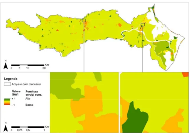 Figura 253 - Mappa della capacità di fornitura dei servizi ecosistemici delle classi di uso e copertura del  suolo relative alla classificazione della Corine Land Cover al IV livello del 2012