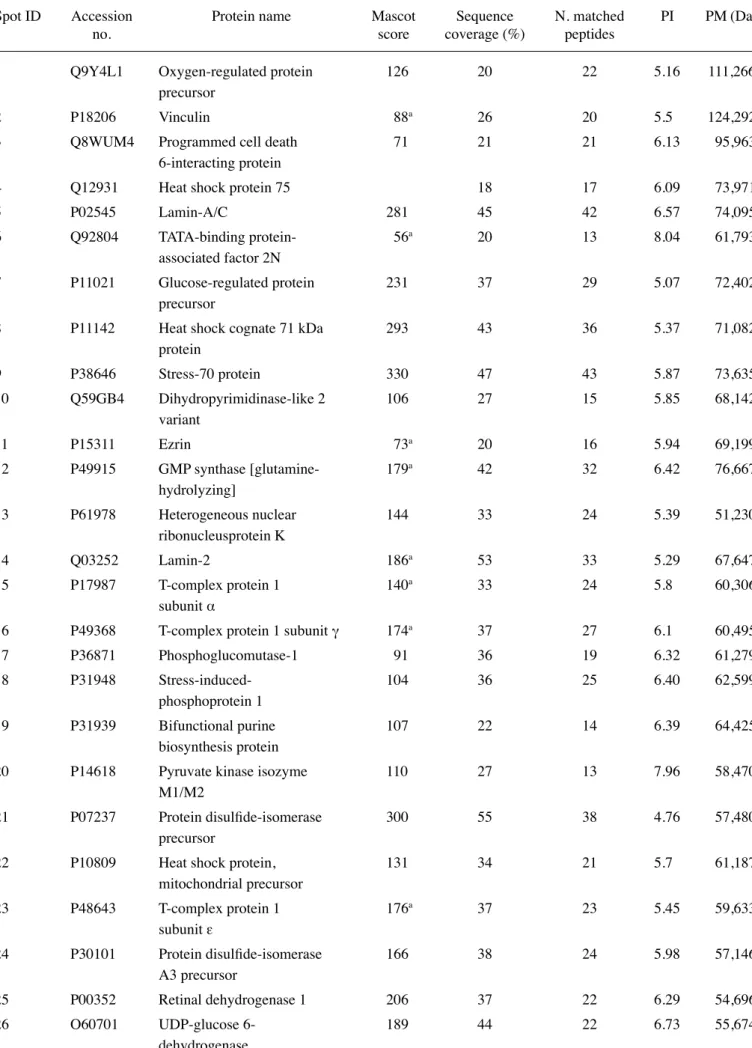 Table III. Protein spots identified by MALDI-TOF analysis.