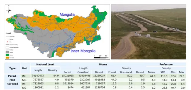 Figure 5. Distributions of paved roads and railroads on the Mongolian Plateau, showing a much higher road density in Inner Mongolia than that in Mongolia