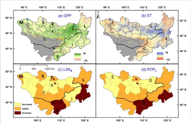 Figure 1. Long-term changes in (a) gross primary productivity (GPP, gC m −2 yr −1 ) (2000–2014), (b) evapotranspiration (ET, mm yr −1 ) (2001–2016), (c) livestock density (LSK