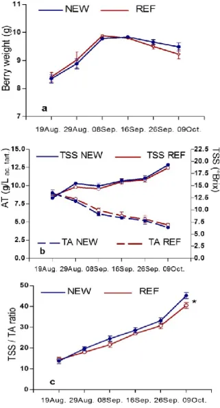 Fig. 3. Evolution indices of berry skin TP and TF content per  kilogram of grapes (a) or per single berry (b), and of AA  in  ‘late covered’ grape cv