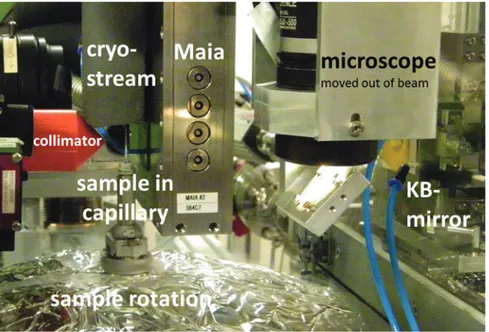 Fig. 9: Cryogenic X-ray fluorescence tomography set-up with Maia detector at the P06 Microprobe experiment (DESY, Hamburg, 