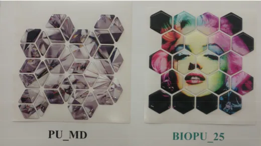 Figure 12. Comparison of tile obtained with domes resin (PU_MD) and BIOPU_25 (picture kindly 