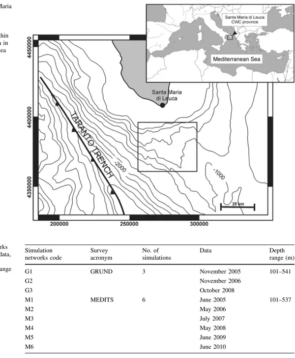 Fig. 1 Map of the Santa Maria di Leuca cold-water coral province within the Mediterranean Sea and bathymetric framework within the southern Apulia margin in the North-western Ionian Sea
