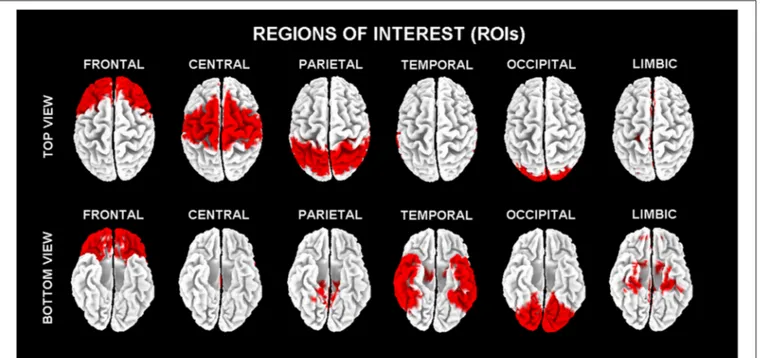 FIGURE 1 | Regions of interest (ROIs) for the estimation of the cortical sources of resting state eyes-closed electroencephalographic (rsEEG) rhythms by exact low-resolution brain electromagnetic tomography (eLORETA) software.