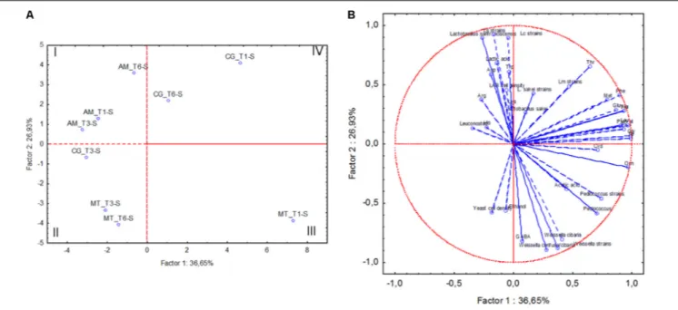 FIGURE 4 | Score (A) and loading (B) plots of first and second principal components after Principal Component Analysis based on cell density of lactic acid bacteria (LAB) and yeasts, concentrations of lactic acid, acetic acid, ethanol, individual free amin