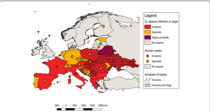 Fig. 1 Map showing the current distribution of Dirofilaria repens in dogs and humans in Europe