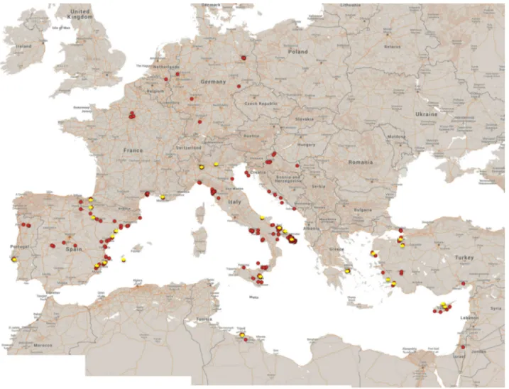 Figure 1. A map of the Mediterranean basin showing the sampling sites (red dots). Stars indicate the positive sites