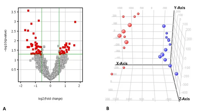 Figure 2. Principal component analysis of the gene expression. A) Volcano plot showing 70 genes that were significantly modulated in the ccRCC compared 