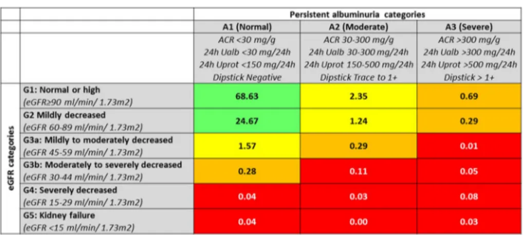 Fig. 1    CKD Classification  proposed by KDIGO Guidelines  and estimated age-standardized  prevalence (%) in Italian general  population [ 2 ]