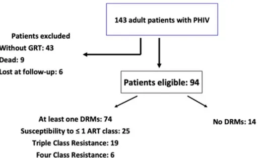 Fig. 1. Patient disposition. ART, antiretroviral therapy; DRM, drug resistance mutation; GRT, genotypic resistance test; PHIV, perinatal HIV-1.