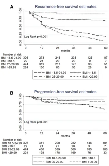 Fig. 1    Comparison of recurrence-free survival a and progression-free  survival b according to BMI status