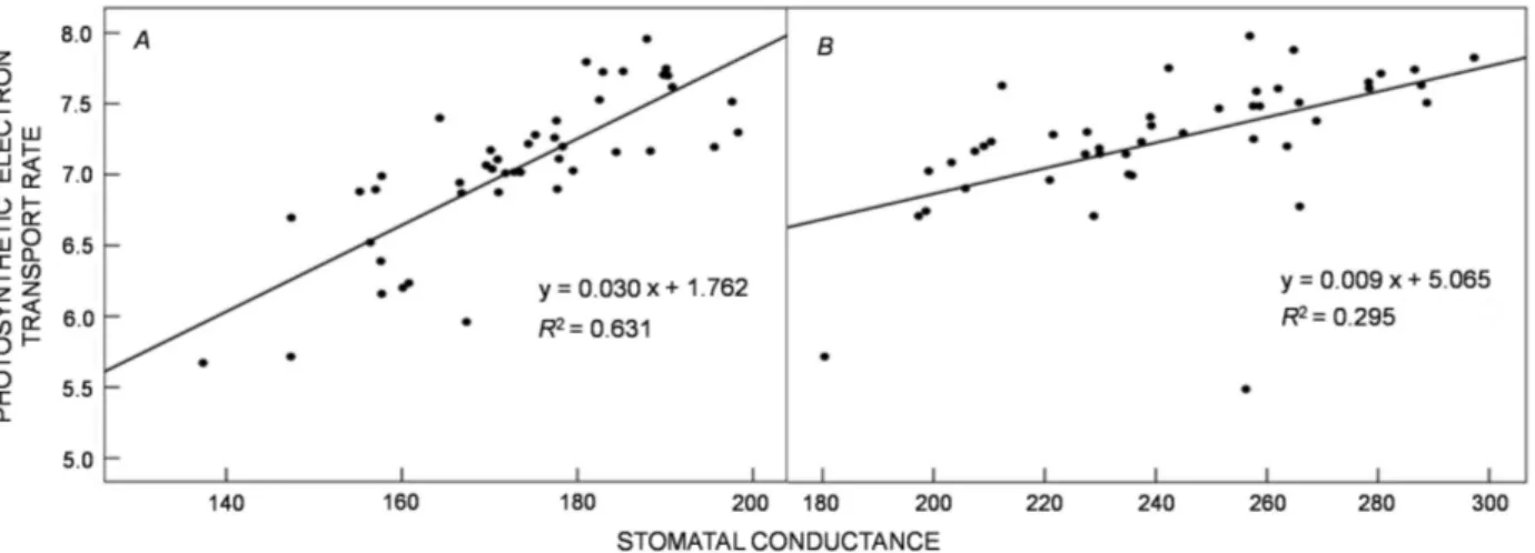 Fig. 4. The relationship between stomatal conductance and photosynthetic electron transport rate in response to potassium solubilizing  bacteria (KSB) inoculations and K chemical fertilizer application in pot (A) and field (B) experiments.