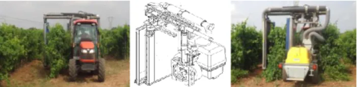 Fig.  1.  Prototype  of  tunnel  type  sprayer,  made  by  the “Maggio” Company (Italy) working in full leaf  stage;  it  is  evident  the  short  passage  between  the  rows tree and a CAD rendered isometric picture