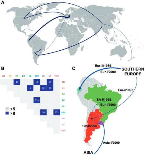 Figure 3. Main routes of CPV migration. (A) CPV movements worldwide. Line thickness is according to BF values