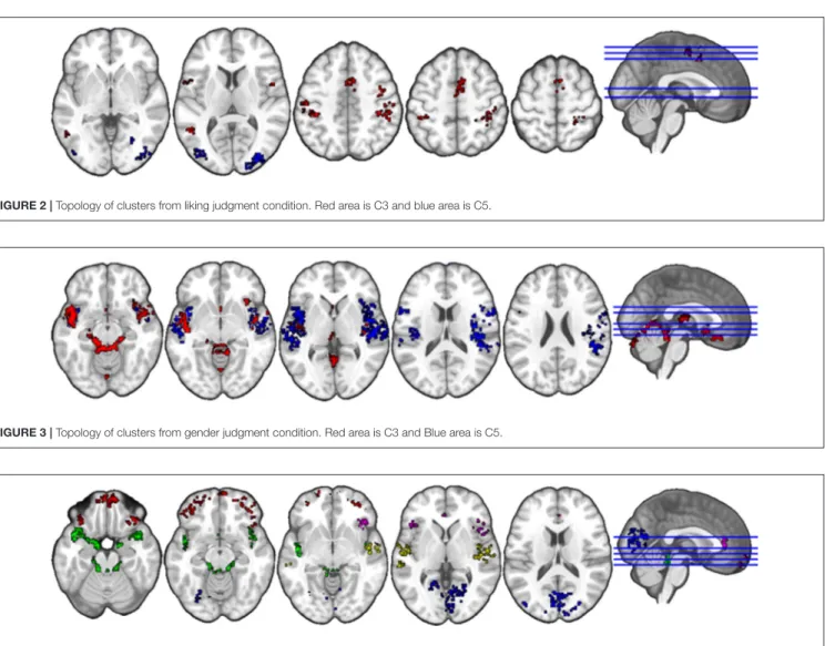 FIGURE 2 | Topology of clusters from liking judgment condition. Red area is C3 and blue area is C5.