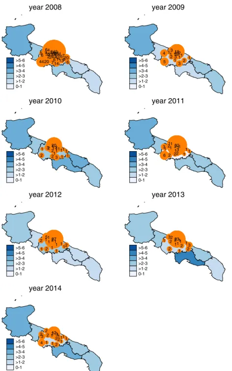 Fig. 1 The number of newly diagnosed HIV-1-infected patients referred to our institute and residing in Bari Province (shown inside circles) plotted by municipality and by year (2008 2014) superimposed on HIV incidence (number of new cases per 100 000 resid