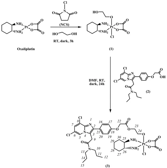 Figure 3. Synthesis of the novel Pt(IV) derivative of oxaliplatin with TSPO ligand in axial position (3)  and numbering of protons