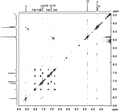 Figure 5. Portion of  1 H (top and left) and NOESY 2D (center) NMR spectra (600 MHz,  1 H) of 3    in DMSO-d 6 