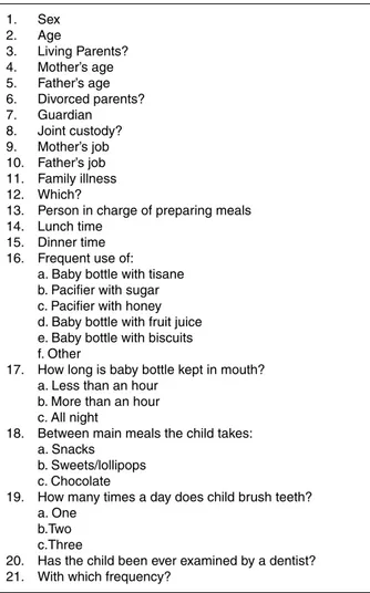 Table 1. Questionnaire delivered to parents/guardians.
