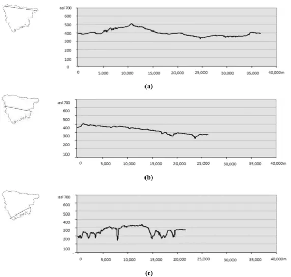 Figure 1. The study area localized in Southern Italy: (a) division of the area into three longitudinal strips