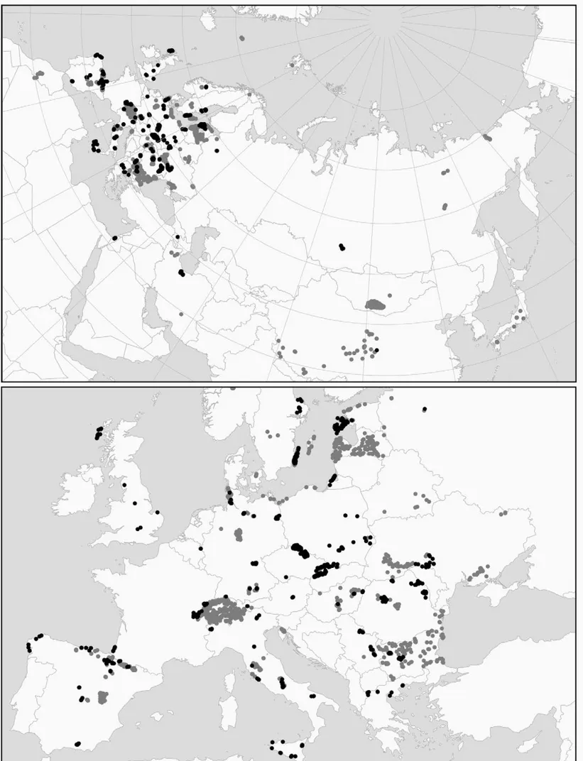 Fig. 2. Maps showing the spatial distribution of the plots contained in GrassPlot v. 1.00