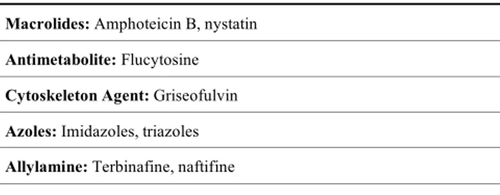 Table 1.  Antimycotic Agents for Systemic Use.  Macrolides: Amphoteicin B, nystatin 
