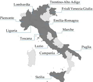 Figure  1.  Legend:  Geographical  location  and  distribution  of  HAN  centres  on  the  Italian  territory