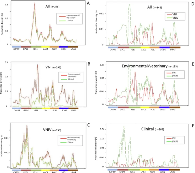 Fig. 7. Variation of nucleotide diversity along the seven-loci concatenated sequences in VNI and VNIV clinical and environmental/veterinary (ENV) isolates