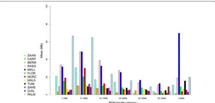 Fig. 4  Classification of ROH in seven categories (x-axis) according to size (from 1 to 5 Mb to more than 30 Mb) and mean sum of ROH (y-axis, 