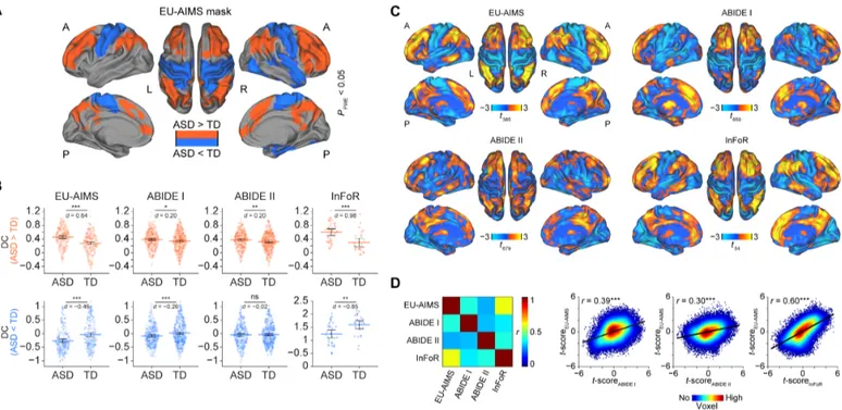 Fig. 1. Outcomes of DC comparisons between individuals with ASD and TD. (A) Representative reconstruction of a brain illustrating regions showing significant DC