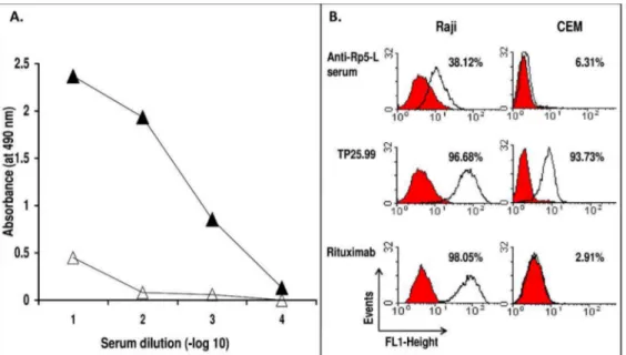 Figure 1. (A) Specificity of the reactivity of sera antibodies elicited in a BALB/c mouse immunized with Rituximab-specific peptide Rp5-L