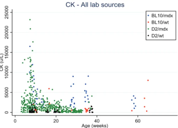 Fig. 2. Creatine kinase values distribution over age in Bl10/mdx (blue dots), Bl10/wt (red dots), D2/mdx (green dots), D2/wt (black dots)