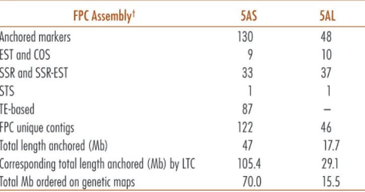 Table 3. Anchoring results of FingerPrinted Contigs  (FPC)–minimal tiling path (MTP) and the  correspond-ing estimation calculated in Linear Topological Contig  (LTC)–MTP.