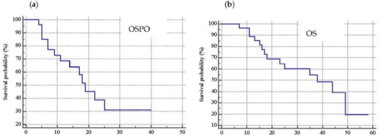 Figure 4. Kaplan–Meier curve representative of overall survival post oligoprogression (OSPO) (a) whose median value was 19 months (range 11–25; 95% C.I.) and overall survival (OS) (b) with a median value of 38 months (range 18–49; 95% C.I.)