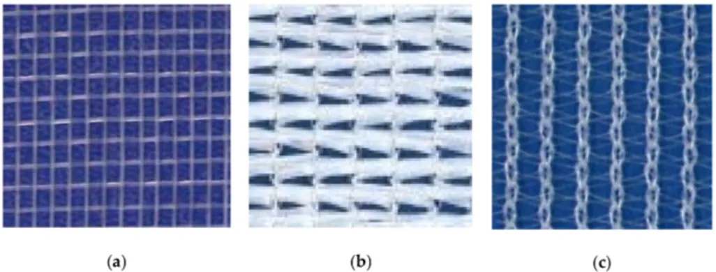 Figure 1. Pictures of the nets tested: (a) F-d 3 , flat woven with mesh size 2.4 mm; (b) KS-d 2 , knitted net