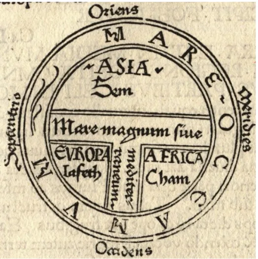 Fig. 1 –  T and O map, dalla prima edizione delle Etymologiae di Isidoro di Siviglia  (560 – 636 ca.) edizione Guntherus Ziner, Augusta, 1472