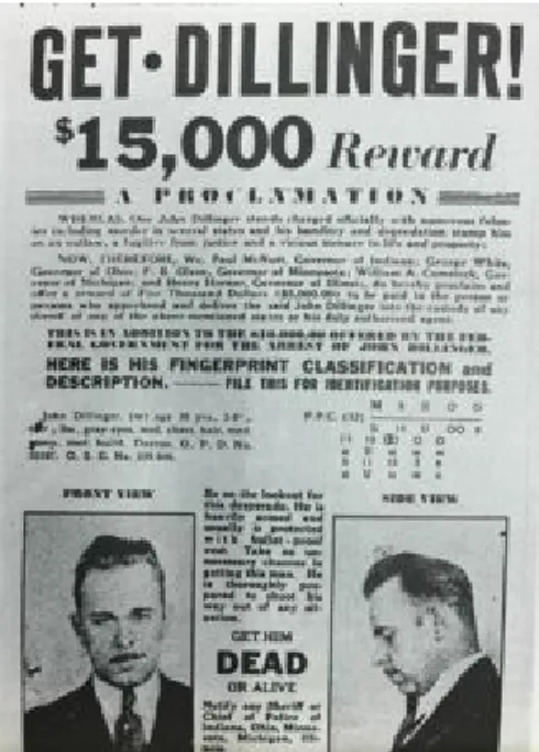 Fig. 1 – Manifesto di ricerca (con relativa taglia) riguardante il nemico pubblico n.1 John Dillinger